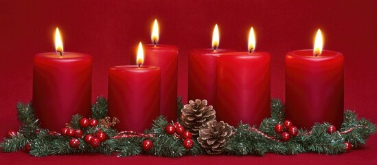 Aufkleber - Festive Christmas Background with Glowing Candles and Pinecone Decorations on Red Backdrop