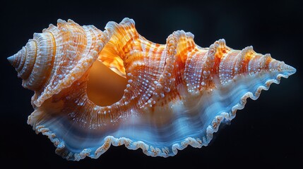 Poster - Vibrant close-up of a colorful seashell showcasing intricate textures and patterns against a dark background for nature-inspired design.