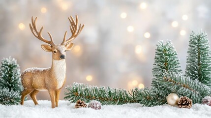  Scandinavian style Christmas decoration composition featuring a deer figurine fir trees and artificial snow with bokeh lights in the background