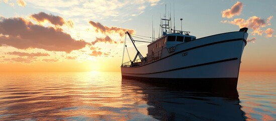 Wall Mural - Fishing boat silhouetted against a vibrant sunset creating a serene atmosphere on the calm sea with reflections in the water.