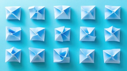Poster - Collection of blank folded leaflets arranged in a grid pattern on a light blue background showcasing different folds and designs.