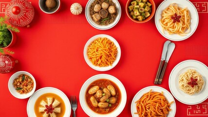 Wall Mural - Top view of a mouth-watering Chinese New Year feast spread out on a vibrant red table surface, Chinese, auspicious