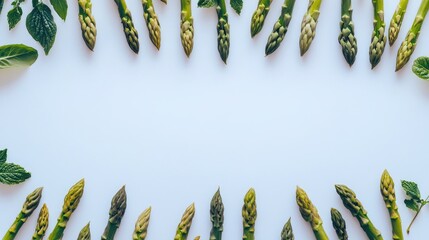 Wall Mural - Fresh green asparagus arranged creatively with herbs on a clean white background for culinary or health-themed presentations.