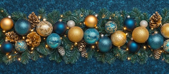 Wall Mural - Elegant holiday decoration featuring blue and gold ornaments with pine cones and twinkling lights on a textured backdrop flat lay scene