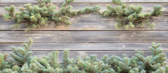 Poster - Cozy gray wooden backdrop with fir tree branches creating a blank space ideal for festive design or holiday themed promotions