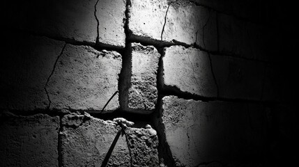 Wall Mural - Textured gray cement wall with cracks and shadows creating a dramatic monochrome background for design or artistic purposes