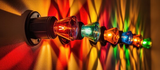 Poster - Colorful Christmas lights on wire creating vibrant reflections on textured wall in festive holiday atmosphere