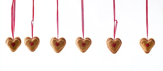 Canvas Print - Gingerbread heart cookies hanging with red ribbons on a white background perfect for festive decorations and holiday themes