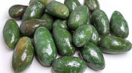 Poster - Fresh Hass avocados arranged on a clean white background highlighting their vibrant green color and smooth texture for food photography