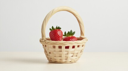 Canvas Print - Fresh strawberries in a woven bamboo basket on a light wooden surface showcasing vibrant colors and natural texture