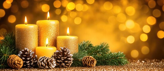 Poster - Warm festive arrangement of golden candles pine cones and fir branches with a shimmering golden bokeh background for holiday decor themes