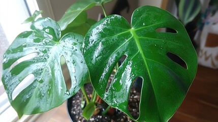 Poster - Close up of vibrant Monstera Deliciosa leaf showcasing natural beauty with water droplets glistening under soft light indoors