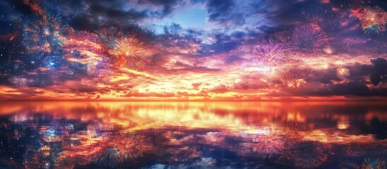 Poster - Colorful fireworks display reflecting on a tranquil lake under a dramatic night sky with vibrant hues and cloud formations