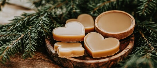 Canvas Print - Homemade caramel filled shortbread cookies shaped as hearts and stars decorated with fir branches and garlands for a festive touch