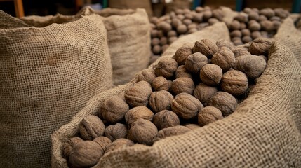 Canvas Print - Bagged walnuts in burlap sacks showcasing rich textures and natural colors in a rustic setting. Perfect for food or agriculture themes.