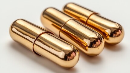 Poster - Golden capsules arranged artistically on a clean white background highlighting elegance and simplicity in pharmaceutical design.
