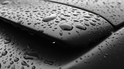 Poster - Close up of water droplets on a black pickup truck surface after rain creating a textured and reflective visual effect