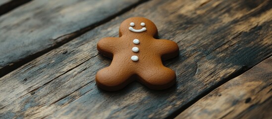 Canvas Print - Gingerbread cookie character on rustic wooden table perfect for holiday celebrations and festive baking inspiration