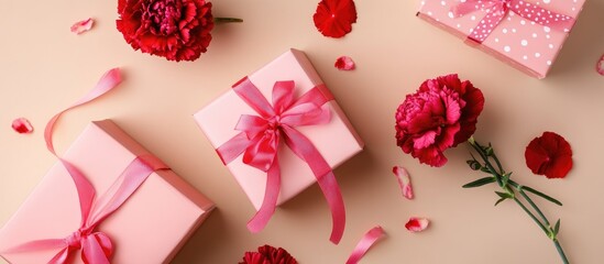 Wall Mural - Pink gift boxes adorned with ribbons and red carnations for Mother's Day celebration on a light background.