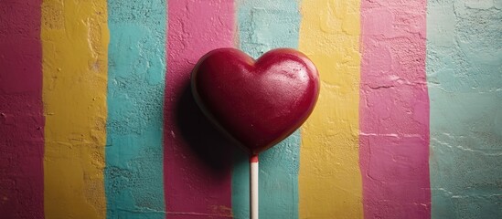 Canvas Print - Heart shaped lollipop on vibrant striped background creating a playful and colorful atmosphere perfect for sweet treats and celebrations