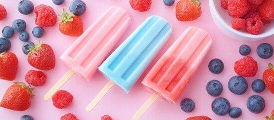 Poster - Colorful homemade yogurt and ice cream popsicles surrounded by fresh strawberries, blueberries, and raspberries on a pink background flat lay