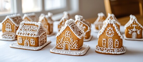 Canvas Print - Gingerbread houses decorated with icing arranged on a table with soft focus details enhancing the festive atmosphere