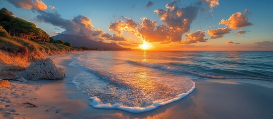 Wall Mural - Serene coastal sunset over tranquil beach with golden hour reflections and picturesque mountains creating a stunning natural landscape