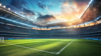 Wall Mural - Modern soccer stadium with open roof, green field, and bright floodlights 