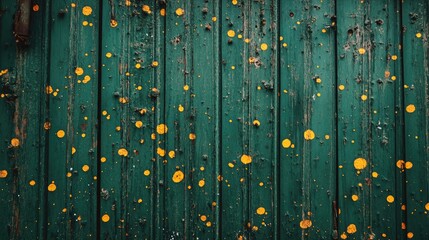 Wall Mural - Weathered green wooden fence adorned with vibrant yellow paint splatters creating a rustic artistic backdrop