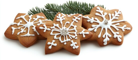 Canvas Print - Gingerbread cookies decorated with white icing and spruce branches on a white background viewed from above for festive related imagery