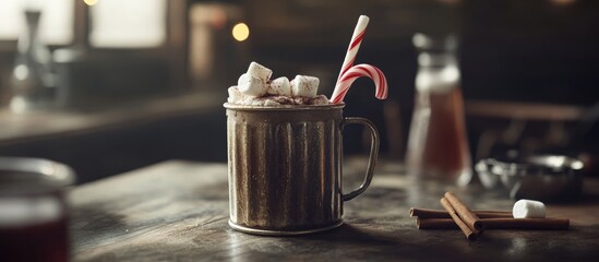 Canvas Print - Festive hot chocolate with marshmallows and candy canes in a vintage mug surrounded by cinnamon sticks on a rustic wooden table