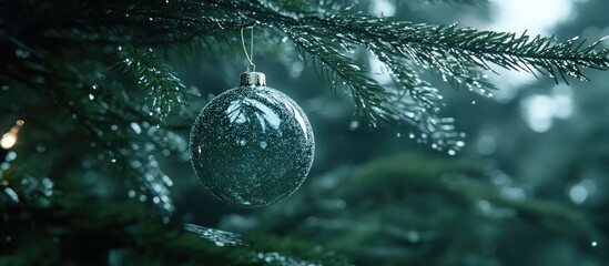 Poster - Glittering ornament hanging on a Christmas tree branch with morning dew during the holiday season decorative ambiance