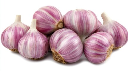 Wall Mural - Freshly harvested garlic bulbs arranged on a clean white background showcasing their vibrant purple and white colors for culinary use.