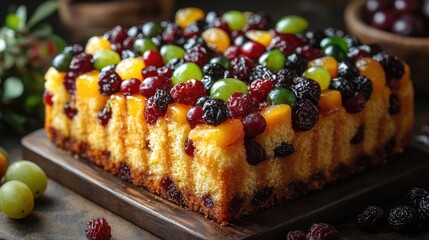 Canvas Print - Colorful fruit cake adorned with raisins and vibrant candied fruits on a wooden serving platter in a rustic setting.