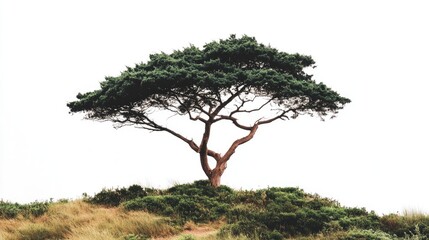 Poster - Solitary tree with unique silhouette against a minimalistic white background in a serene natural landscape setting.