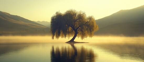 Poster - Serene countryside landscape with a lone willow tree reflecting in calm waters at dawn amidst misty mountains