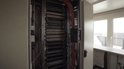Poster - Upgrading mobile network infrastructure with new cabling for 5G technology in a telecommunications control cabinet in Thailand.