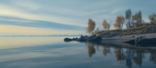 Poster - Tranquil lake shore at dawn with calm waters and autumn trees reflecting in the gentle surface creating a serene natural landscape.