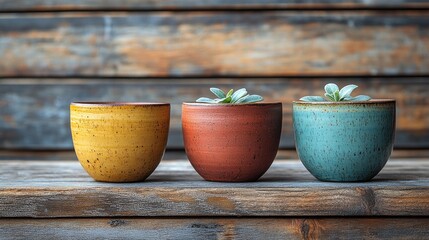 Poster - Colorful earthenware pots with succulent plants displayed on rustic wooden surface offering ample space for branding or text insertion