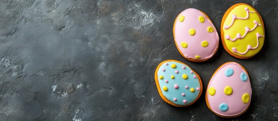 Canvas Print - Colorful Easter egg-shaped gingerbread cookies on dark surface perfect for children's treats and festive celebrations with copy space.