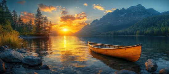 Poster - Serene camping scene at riverside with canoe under vibrant sunset sky and majestic mountains in the background