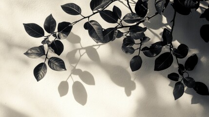 Poster - Tropical leaf shadows creating a serene wall texture with blurred background sunlight effect for graphic layout and design inspiration