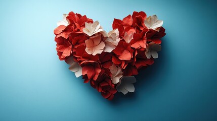 Wall Mural - Red and white paper heart arrangement on a blue background with ample copy space for romantic or festive design purposes