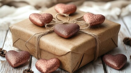 Wall Mural - Gift box decorated with hearts on rustic wooden background for romantic occasions and celebrations