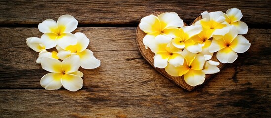 Wall Mural - Heart shaped white and yellow plumeria flowers arranged on rustic wood background with copy space for love themed design or greeting cards