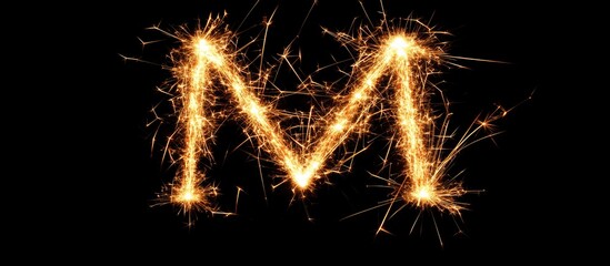 Poster - Letter M illuminated with sparklers on a dark background creating a festive and vibrant visual effect for various creative projects.