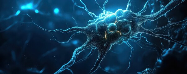 Poster - Close-Up View of a Neuron with Glowing Electric Signals in a Dark Background Illustrating Neural Connections and Brain Activity in a Scientific Environment