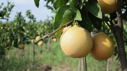 Ripe grapefruits hanging on tree branches in a lush plantation under clear blue skies.