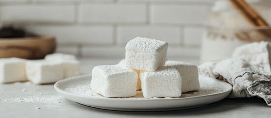 Canvas Print - Homemade vanilla rose water marshmallows displayed on a white plate with selective focus and soft lighting for a serene presentation