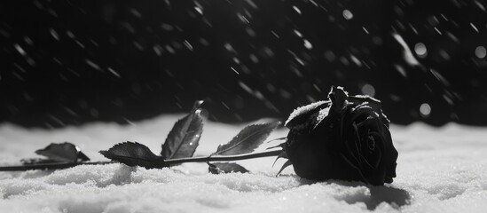 Wall Mural - a dramatic black and white image of a beautiful rose resting on a snowy surface with soft falling sn